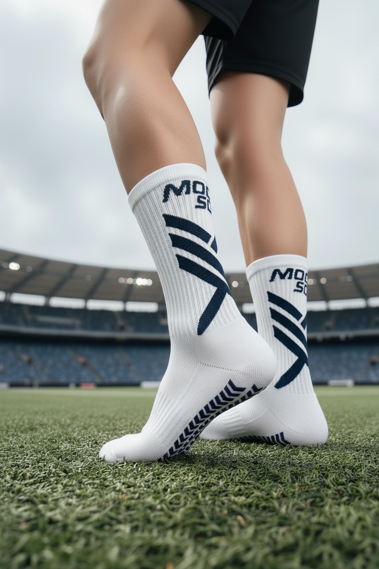 Futbolista con las calcetas Moc Sox Pro One White puestas