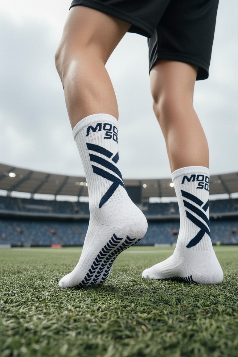 Toma de un futbolista con las calcetas Moc Sox Pro One White puestas